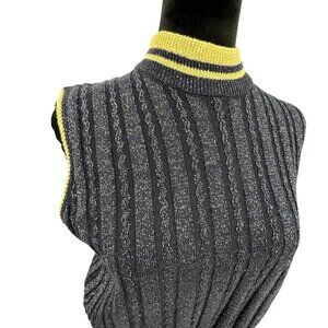 Vintage Cable Knit Sweater Vest Striped  Metallic Womens L Mock Neck Tennis core